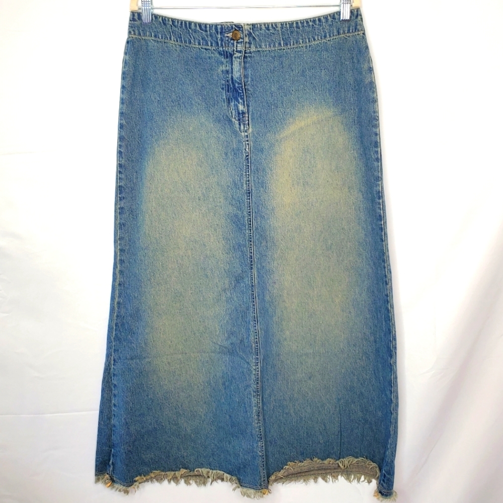 Denim Maxi Skirt Retro Cotton Faded Jean Skirt Fringe Hem Size 12